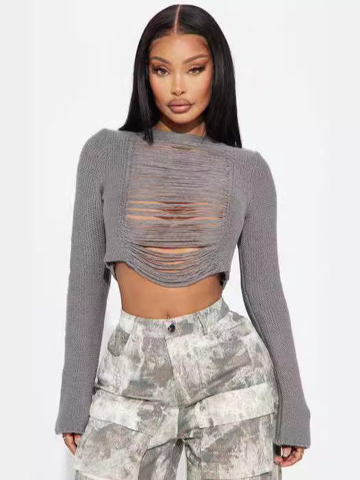 Women's Autumn Hollow Ripped Long Sleeve Crop Sweater 5