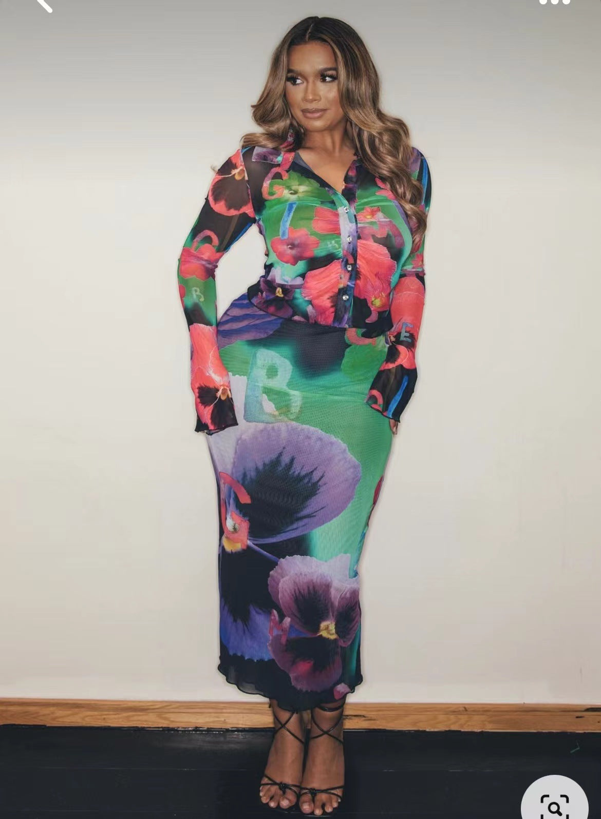 Women Sexy Double Layer Mesh Printed Two-Piece Set