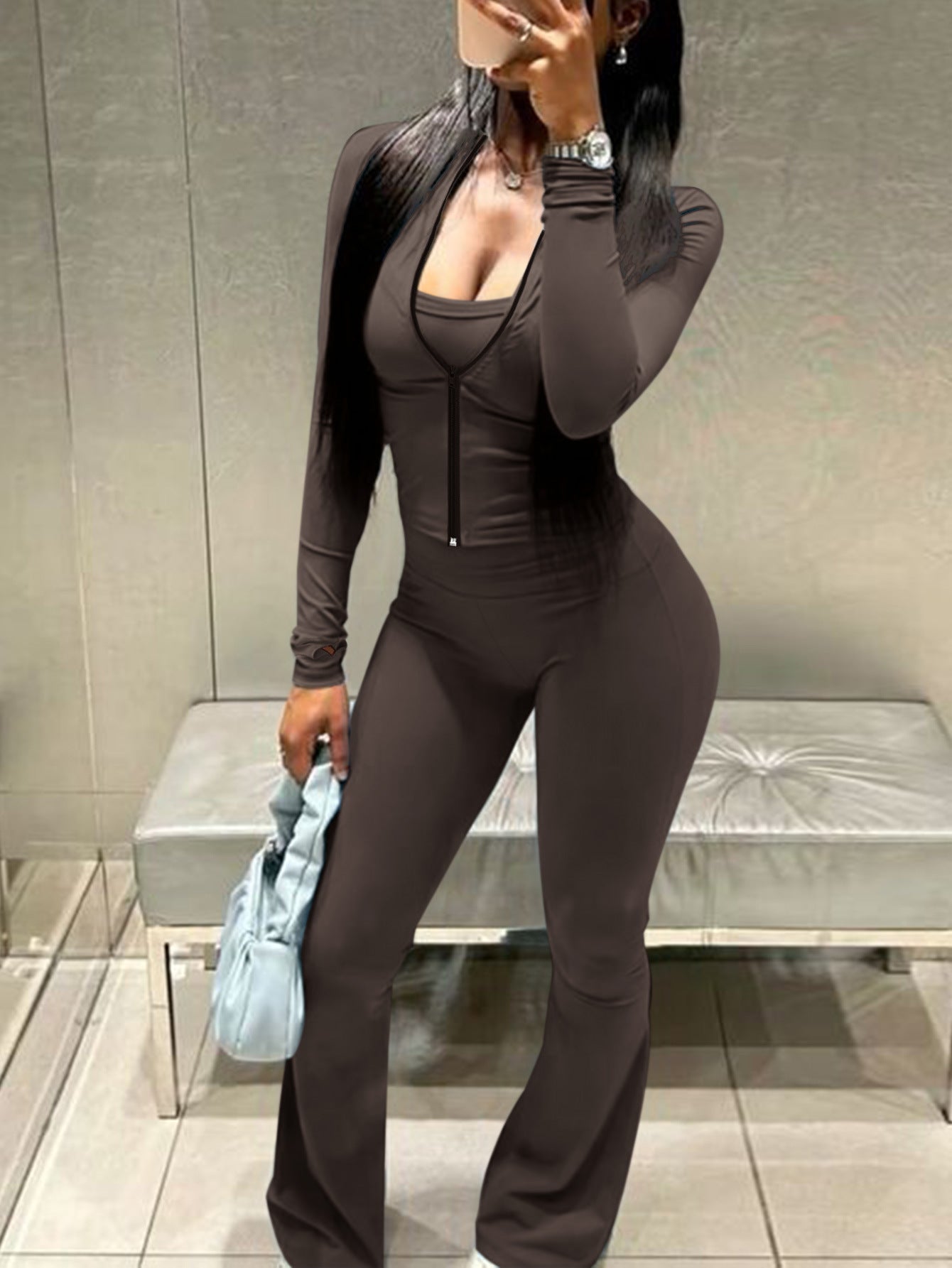 Women Casual Top and Bell Bottom Long Pants Two Piece Set 14