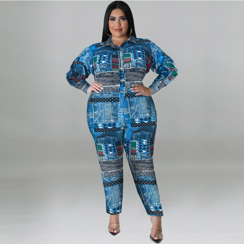 Plus Size Women's Fall Print Long Sleeve Jumpsuit 7