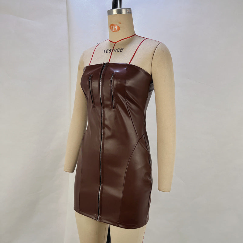 Women Strapless PU-Leather Zippered Winter Bodycon Dress 11