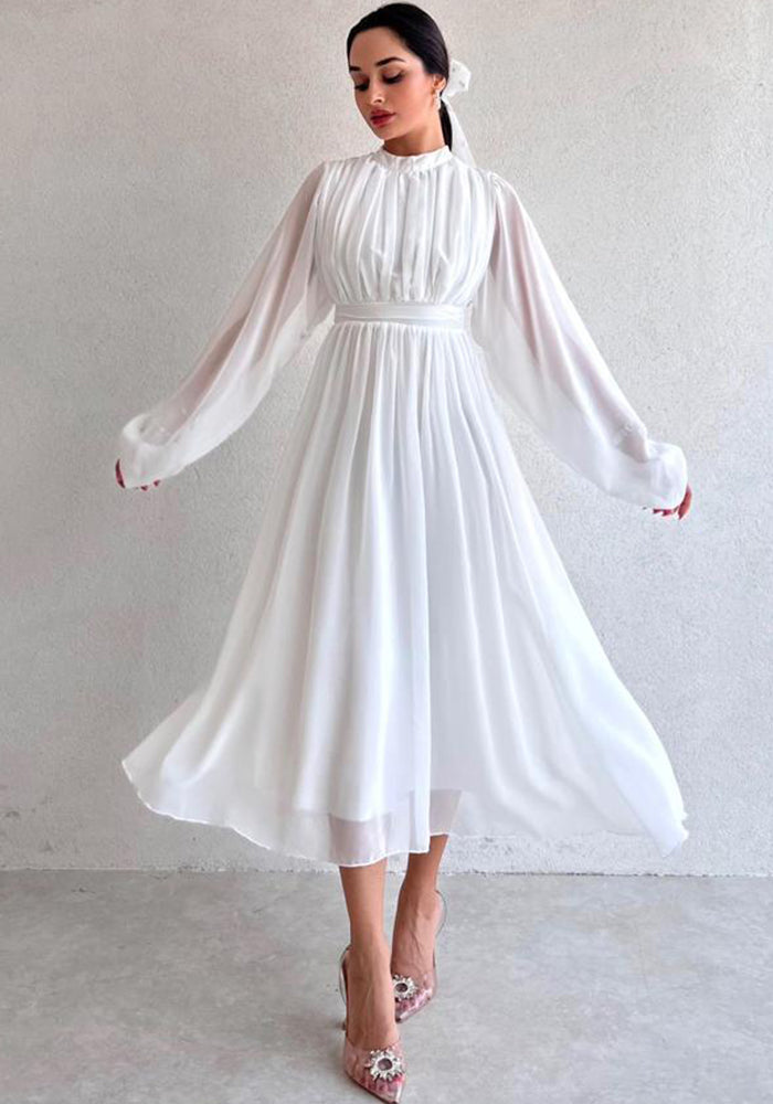 Chic half turtleneck long sleeve pleated midi dress for women