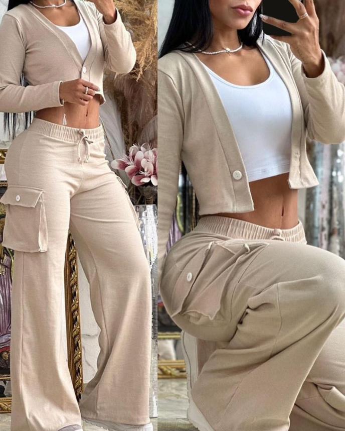Fashionable casual solid color long sleeve two piece pants set women's clothing 7