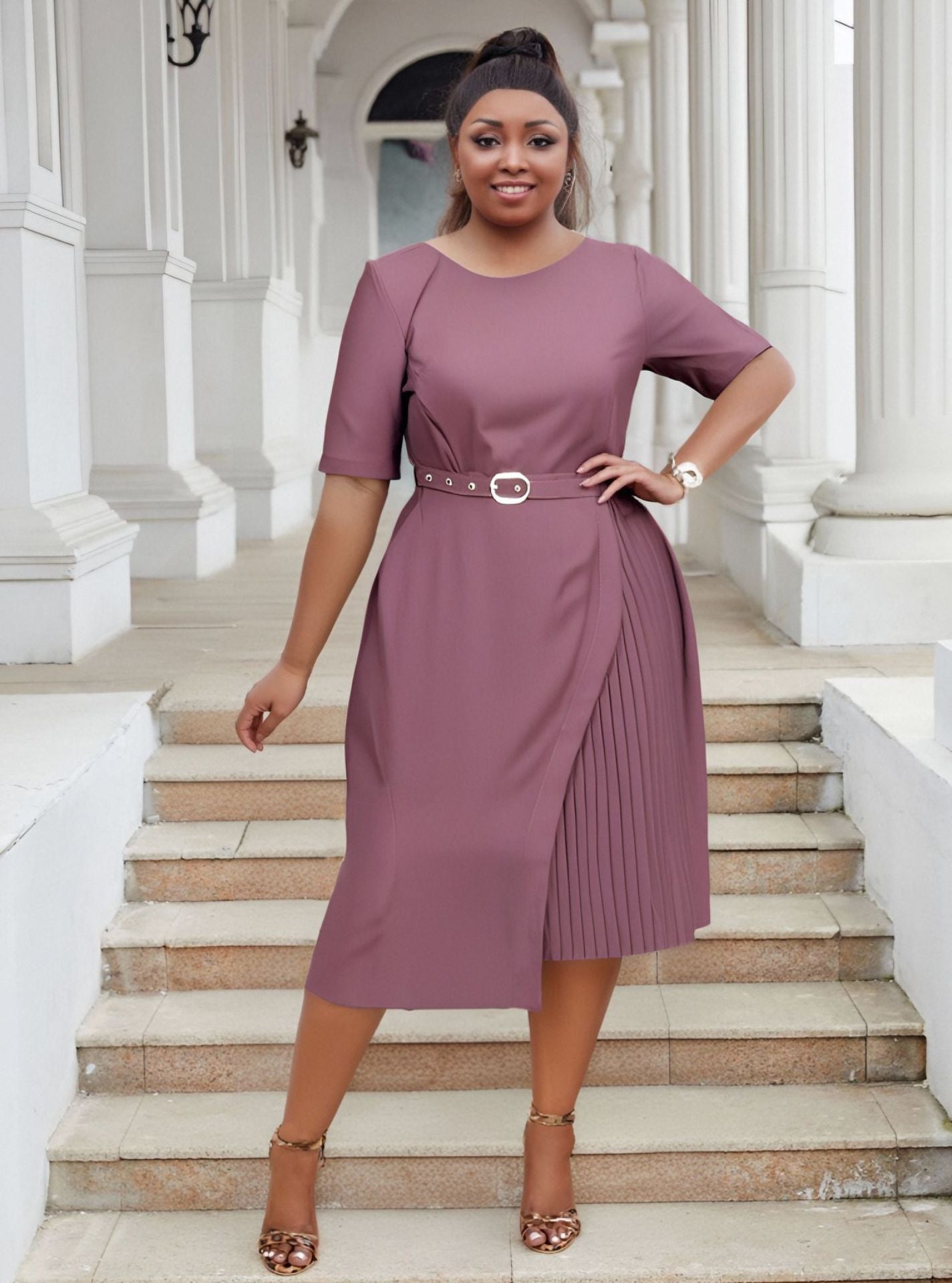 Plus Size Women Casual Patchwork Pleated Elegant Dress 11