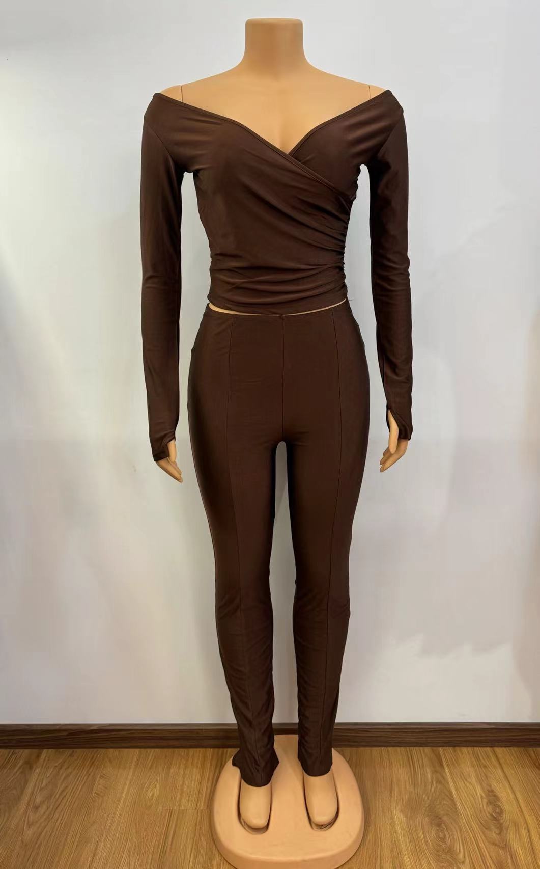 Women Solid v-neck sexy long-sleeved Top And trousers two-piece set 9