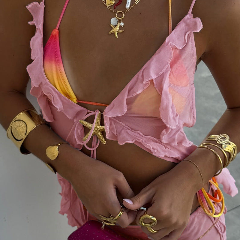 Women's Sheer Mesh and Lace Sleeveless Crop Top Skirt Set 9