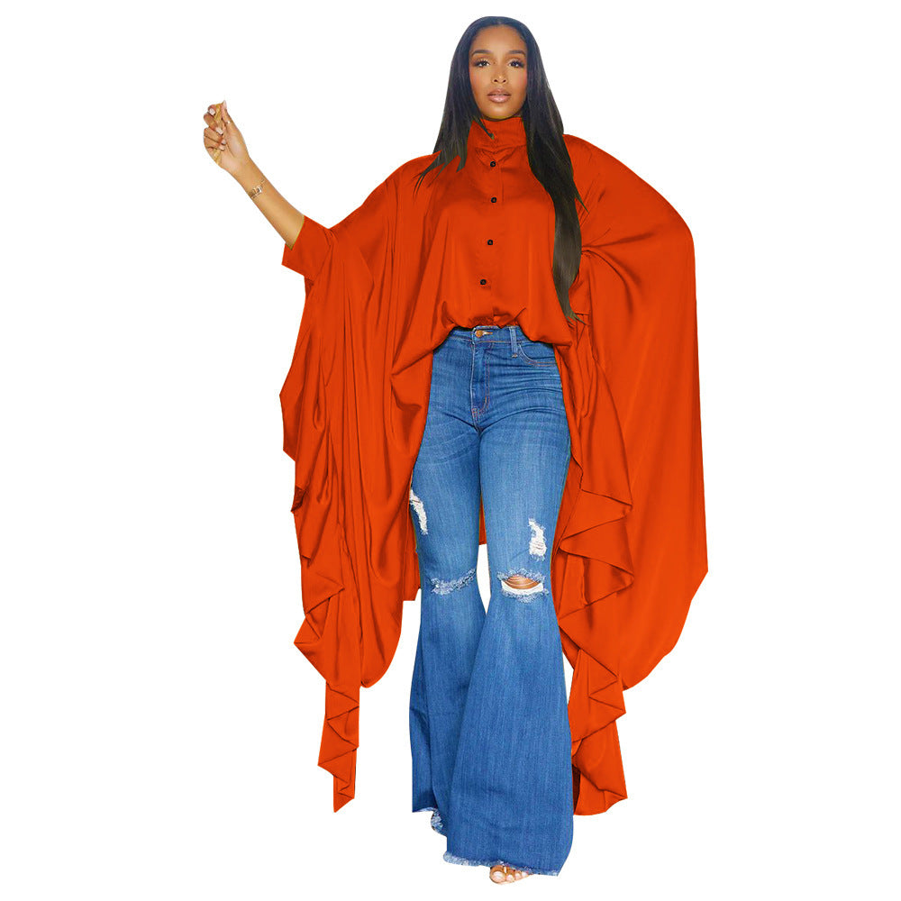 Women 's Autumn Pleated Long Solid Color Shawl Shirt 12