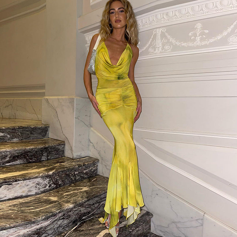 Women's Autumn Chic Style Halter Neck Deep V Print Long Dress 3