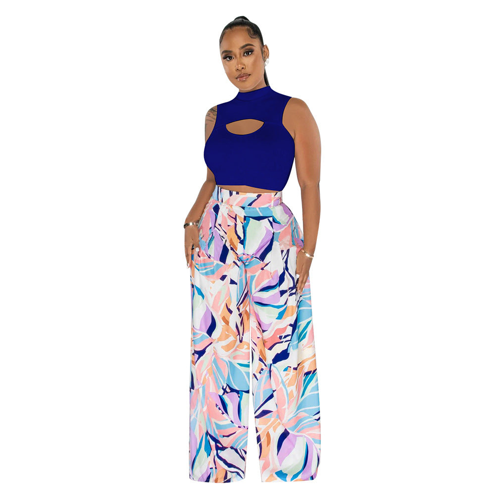 Women's Fashion Sleeveless Round Neck Cropped Top Printed Wide Leg Pants Two-Piece Set 12