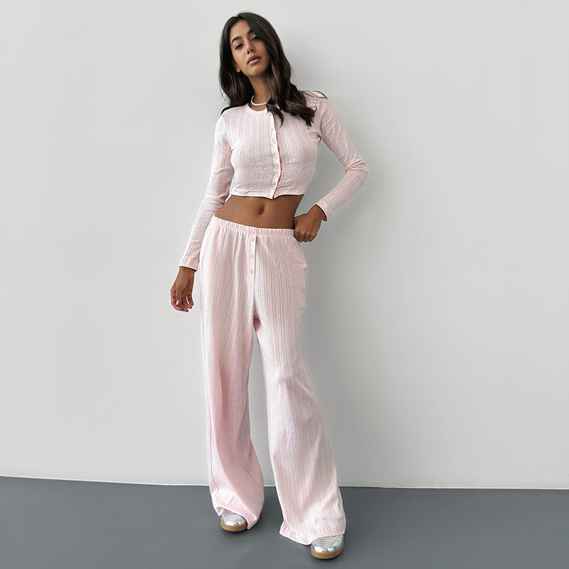 Women Casual two-piece set knitting basic button-down long-sleeved Top elastic trousers two-piece set pajamas and home clothes 3