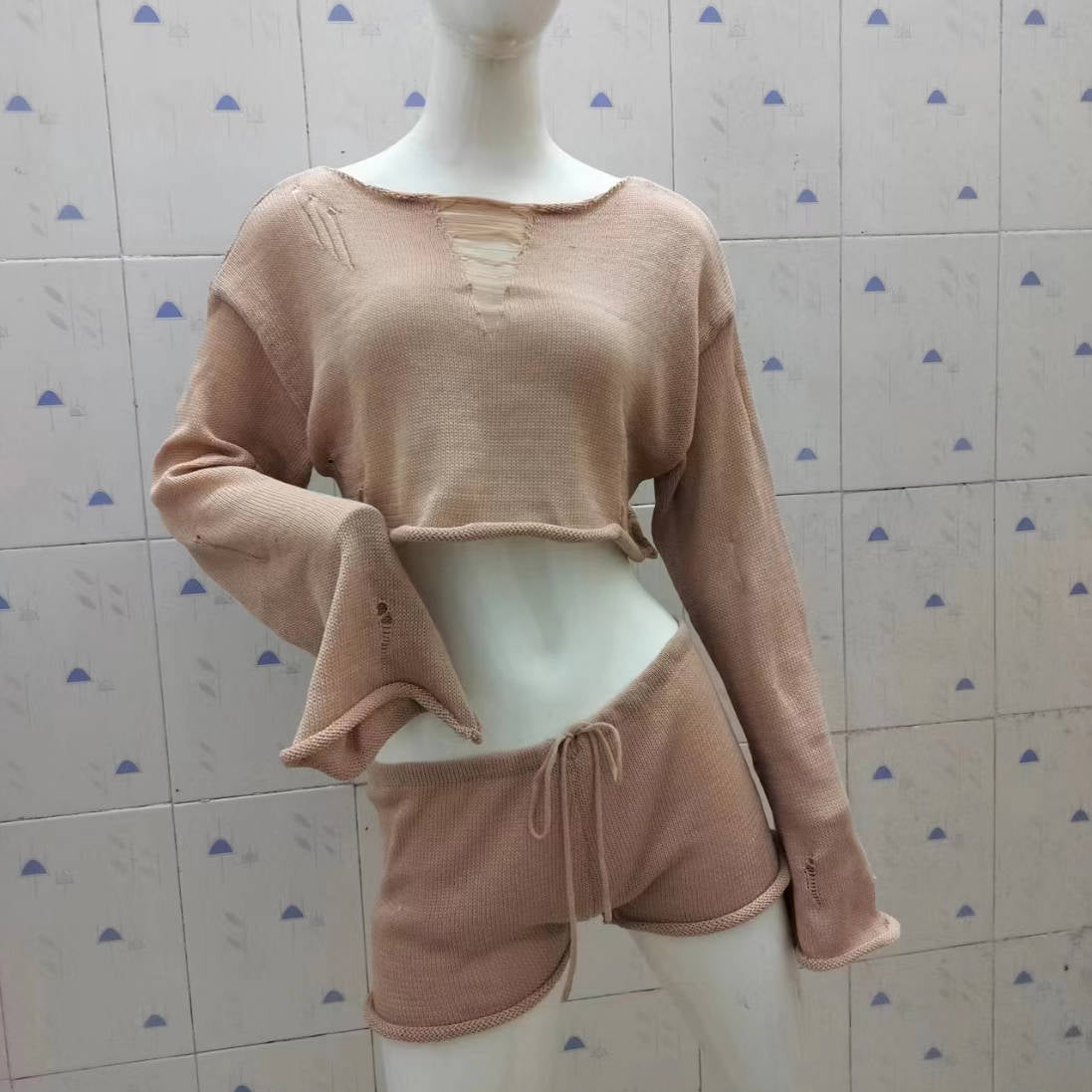 Women Knitting Beach Holidays Top and Shorts Two-piece Set