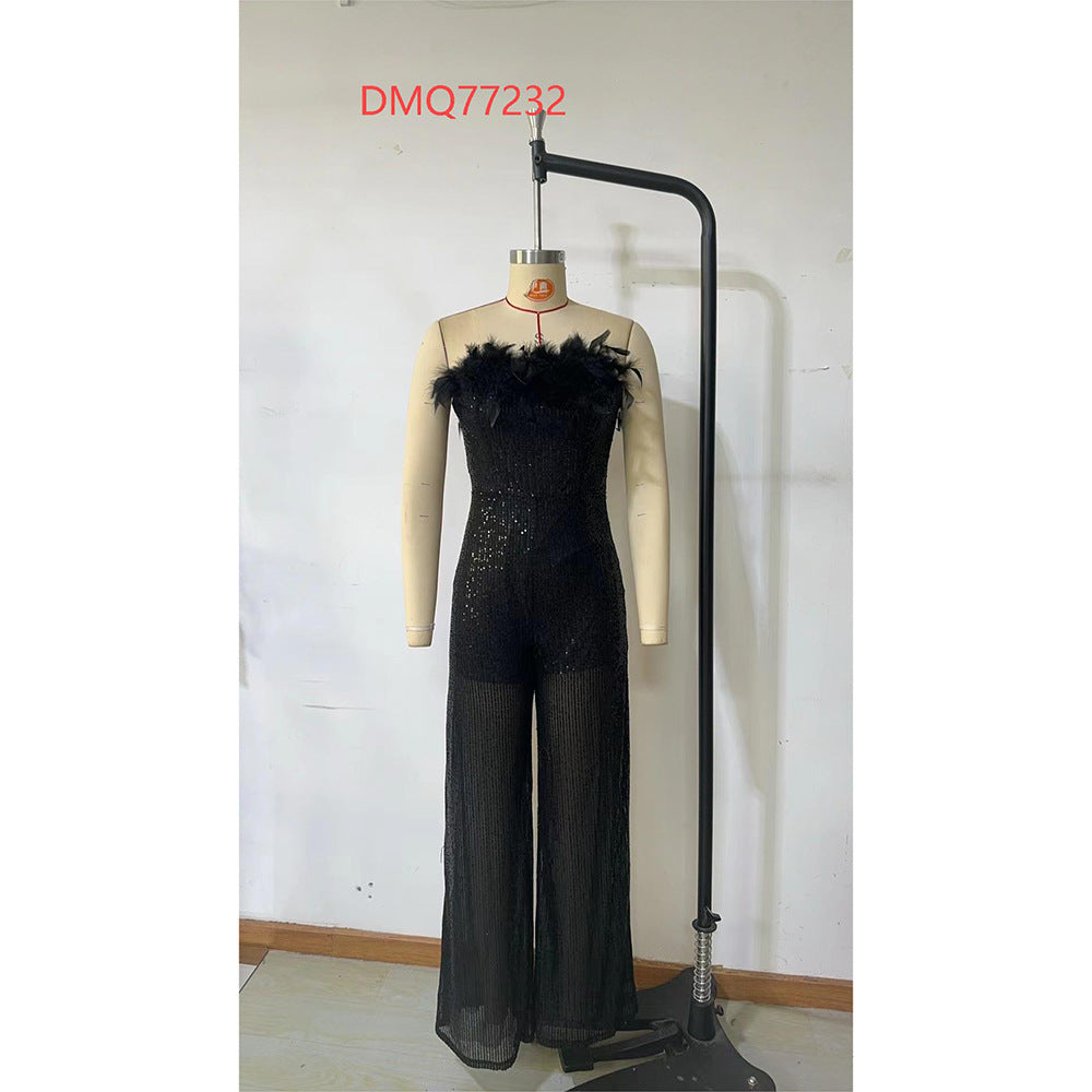 Autumn Winter Fashion Chic Feather Sequin Slim Strapless Party Long Jumpsuit 8
