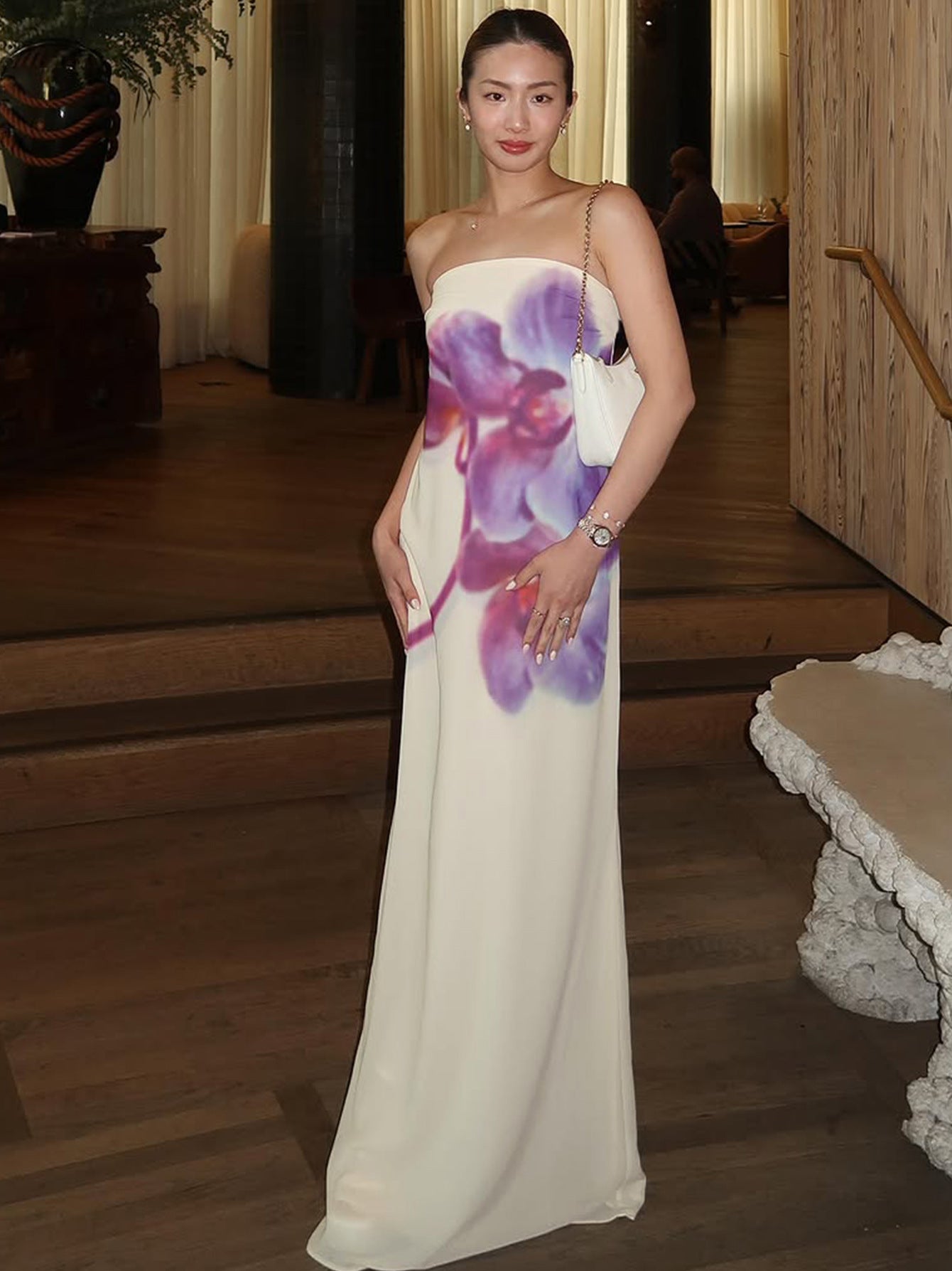 Women summer off-shoulder printed mesh two-layer sexy strapless dress