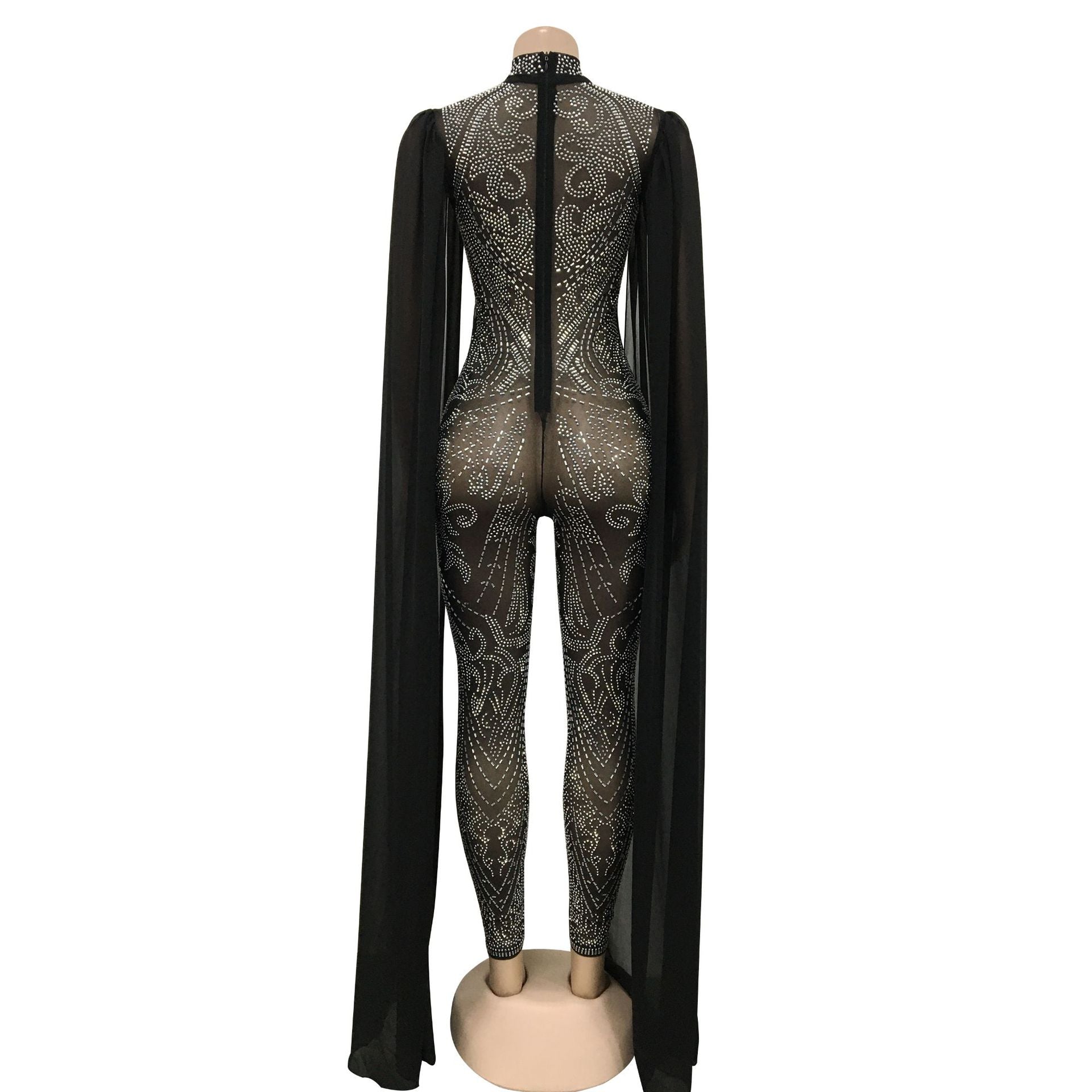 Women Beaded Mesh See-Through Slit Sleeve Jumpsuit 15