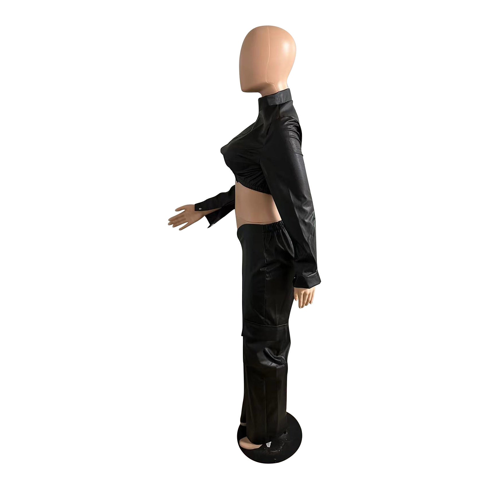 Women's Autumn And Winter Pu Leather Zipper Top Pants Sexy Two-Piece Set 14