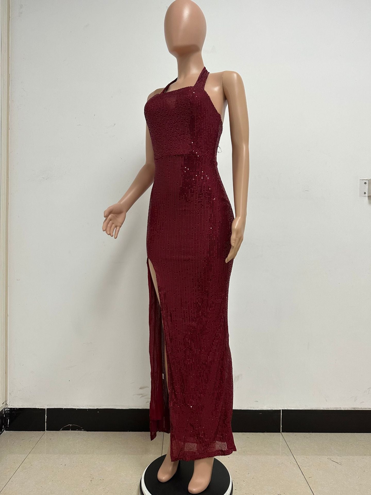 Women Sleeveless Halter Neck Backless Sequin Slit Evening Dress 40