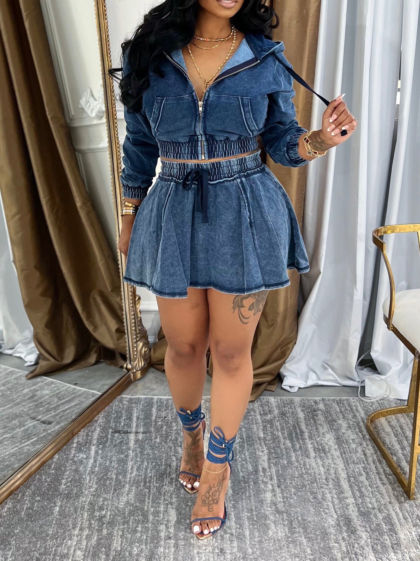 Women Denim Jacket and Skirt Two Piece Set 3