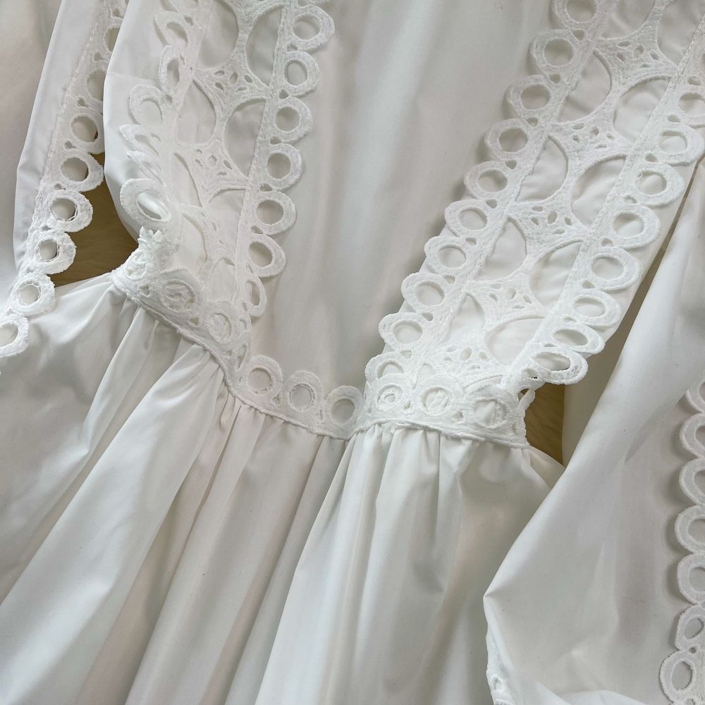 Spring Autumn Retro Chic Lantern Long Sleeve Lace Hollow Patchwork Round Neck Slim Waist Casual Dress 15