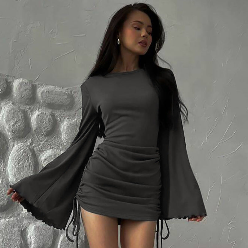 Women Solid Bell Bottom Sleeve Dress 11