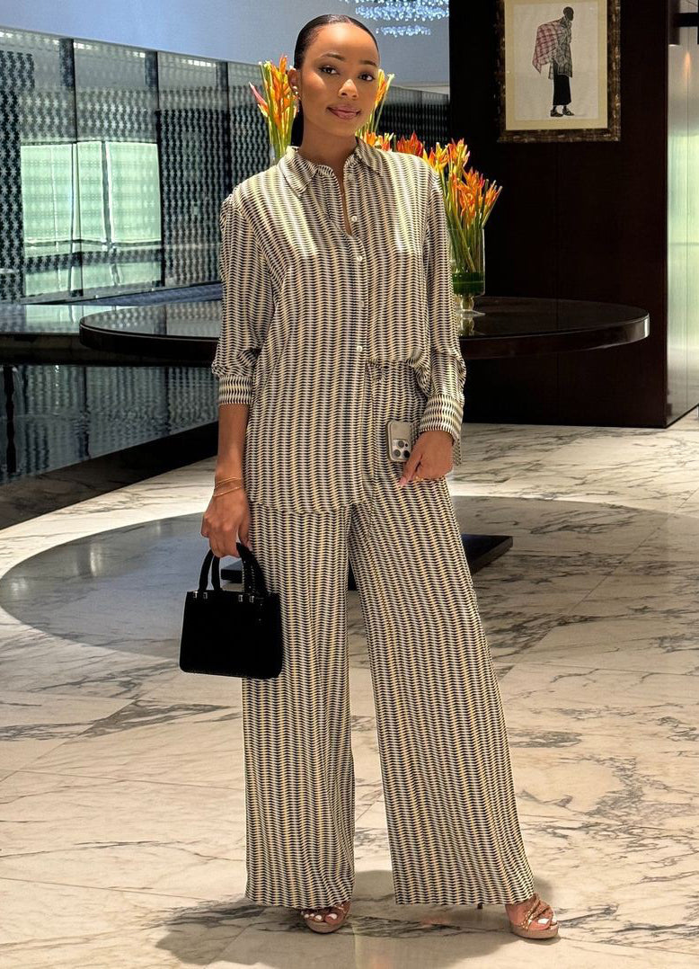 Women casual print long-sleeved shirt and wide-leg Pants two-piece suit