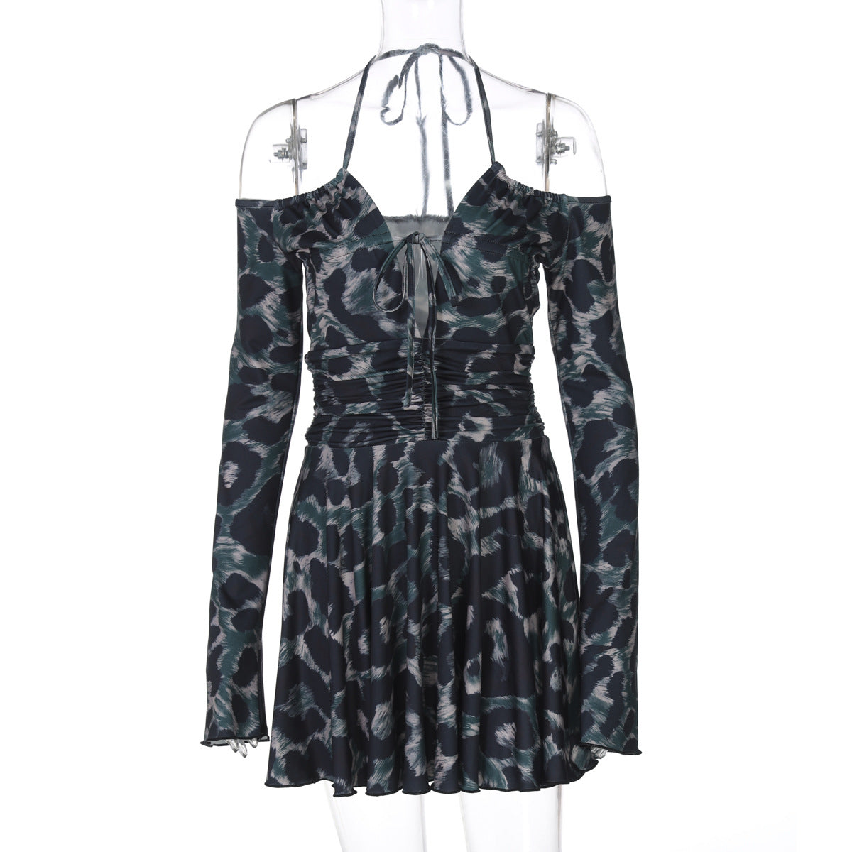 Women Winter Printed Long Sleeve Sexy Tie Halter Neck Pleated Dress 8