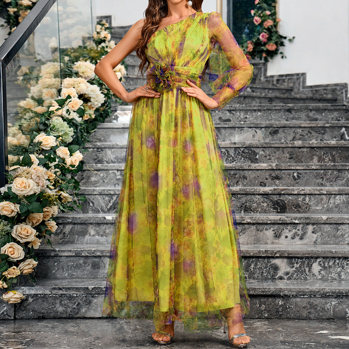 One Shoulder Print Elegant Slim Ladies Dress 6