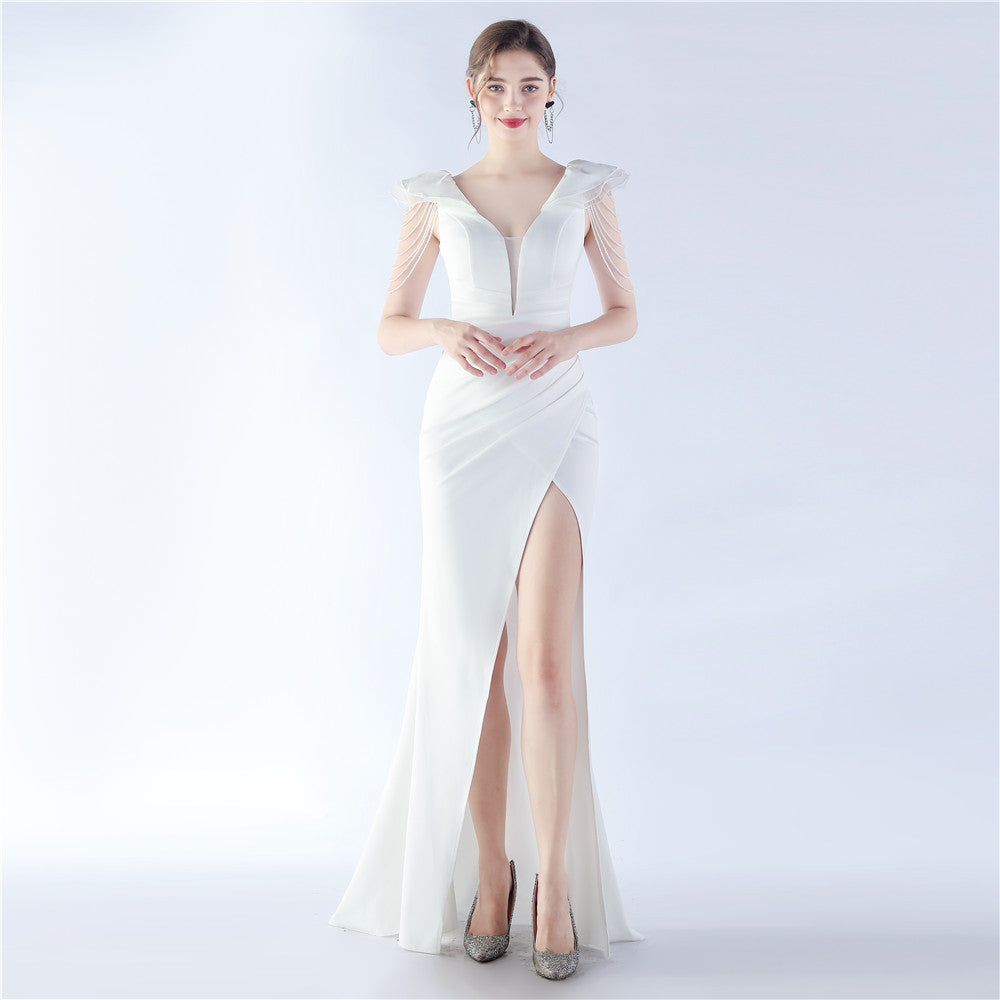 Women Elegant Beading Slit Formal Party Evening Dress 11
