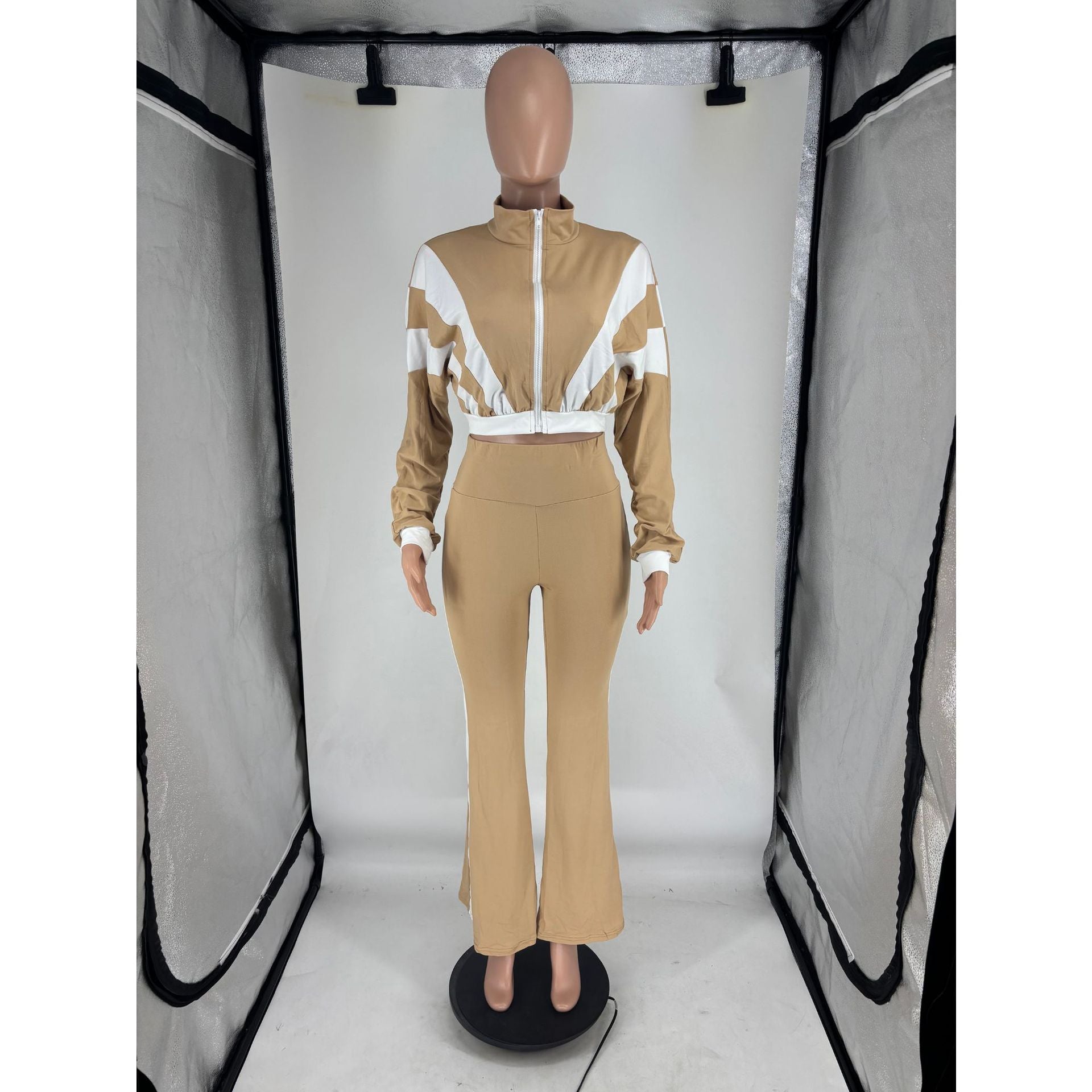 Women's Chic Casual Color-Block Long-Sleeve Zipper Top Slim Fit Bell Bottom Pants Set 17