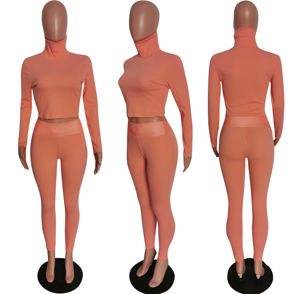 Women's Winter Fashionable solid knitting Long Sleeve Two Piece Pants set 7