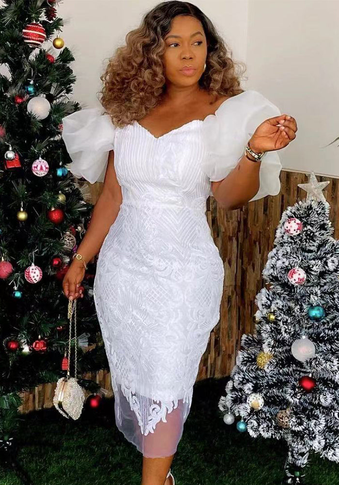 V-Neck Lace Chic Slim Waist Bubble-Sleeve Slit Dress