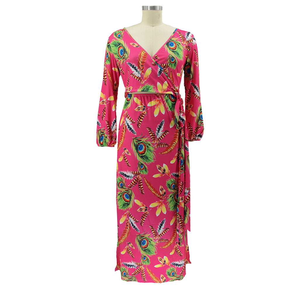 Plus Size Women Feather Print Sexy Slit Dress 27