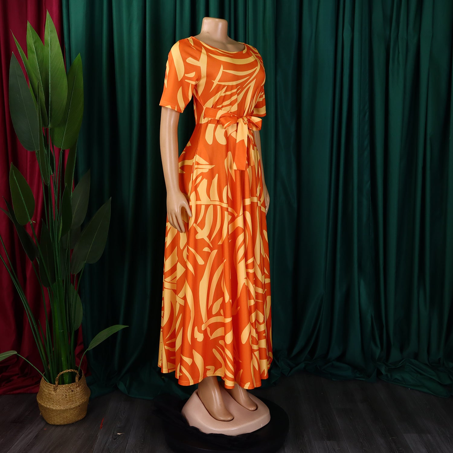 Women's Fashion Chic Tie-Waist African Plus Size Short Sleeve A-Line Dress 23