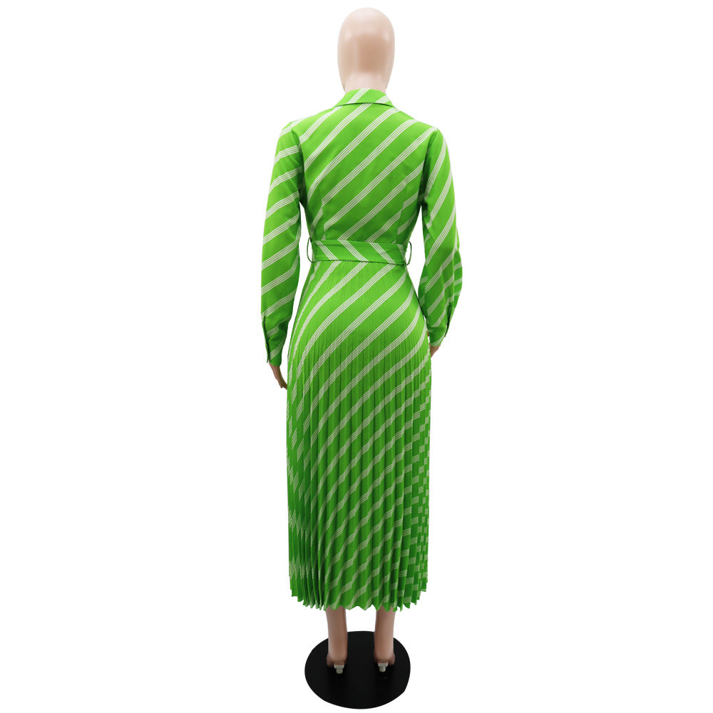 Striped Turndown Collar Casual Summer Women's  Pleated Slim Waist Long Dress 15