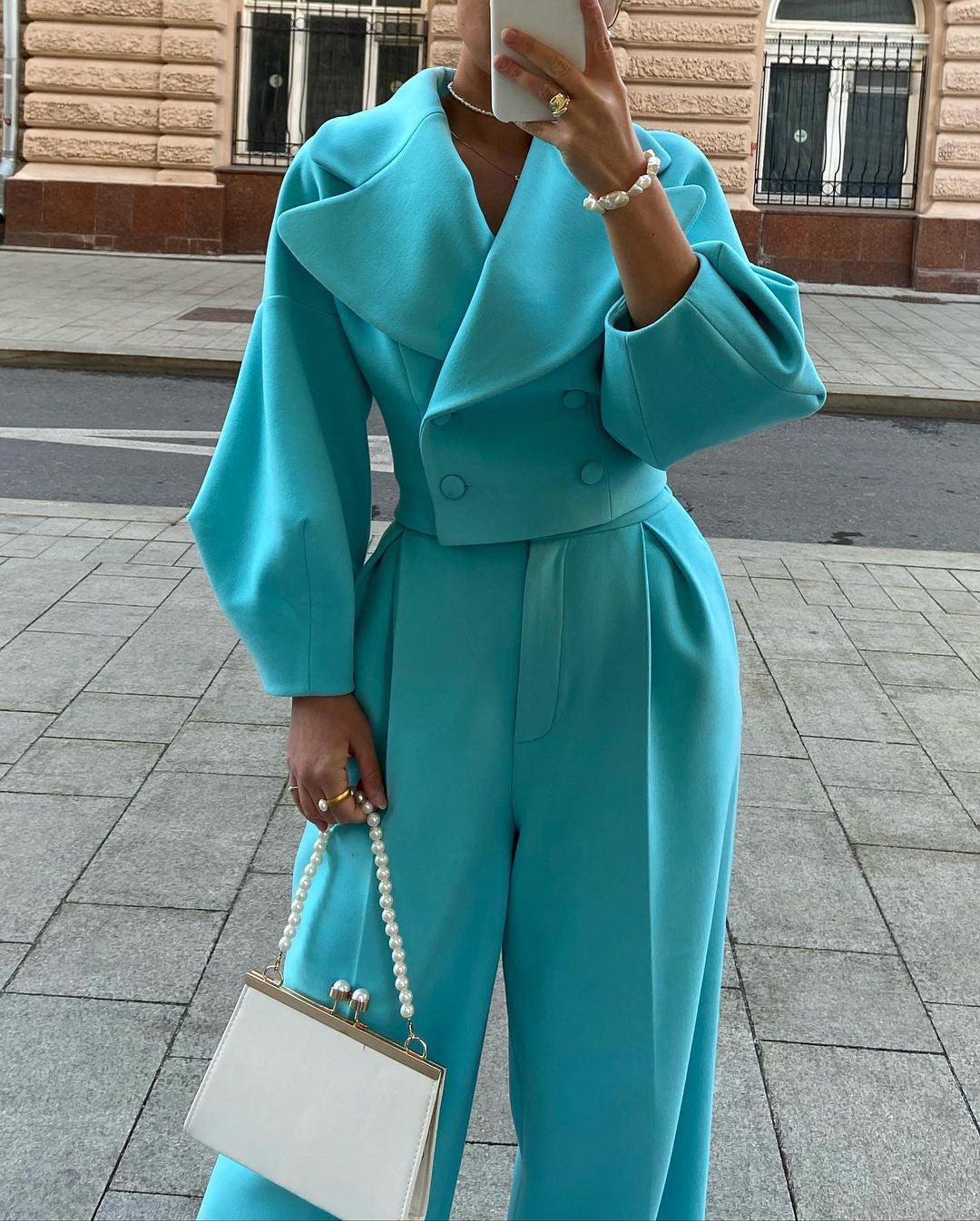 Autumn Long Solid Color Turndown Collar Slim Waist Slim Fit Two Piece Blazer Pants Set Chic Career Suit 11