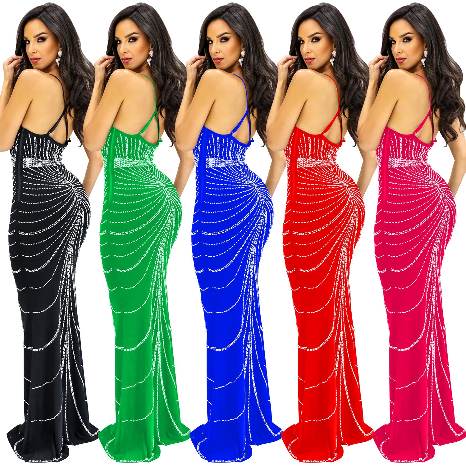 Fashion Ladies Solid Color Camisole Sleeveless Beaded Low Back Maxi Dress 10