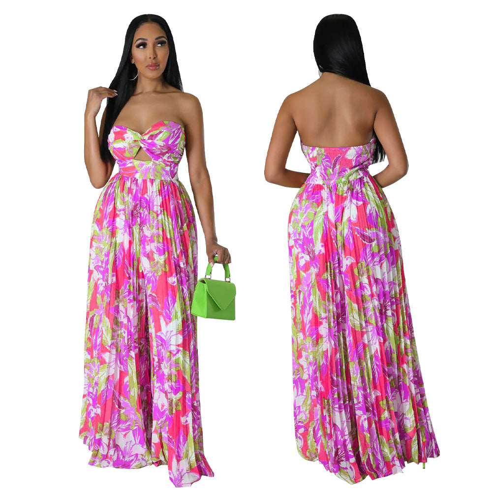 Fashion Ladies Summer Sexy Low Back Print Wide Leg Jumpsuit