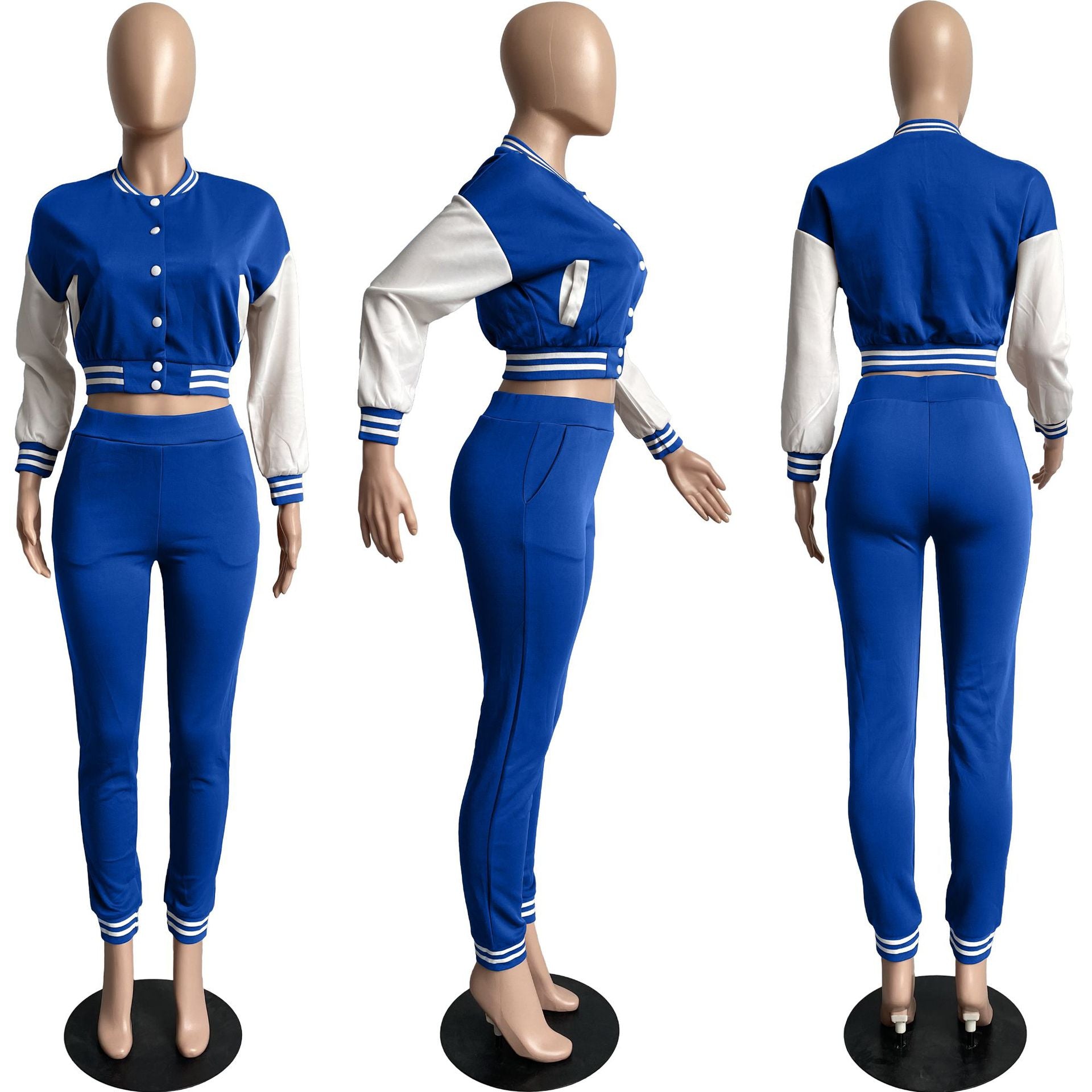 Women's Color Block Single Breasted Patchwork Long Sleeve Baseball Jersey Pants Two Piece Set For Women 27
