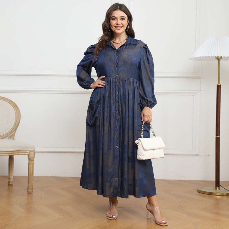 Plus Size Women Button Turndown Collar Long Sleeve Maxi Dress