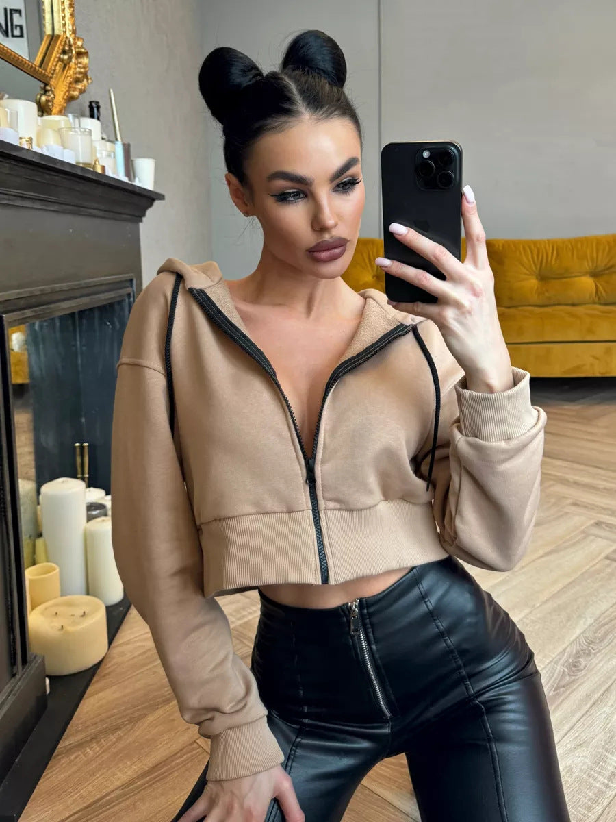 Autumn winter fashion zipper hooded drawstring solid color long sleeve Hoodies 8