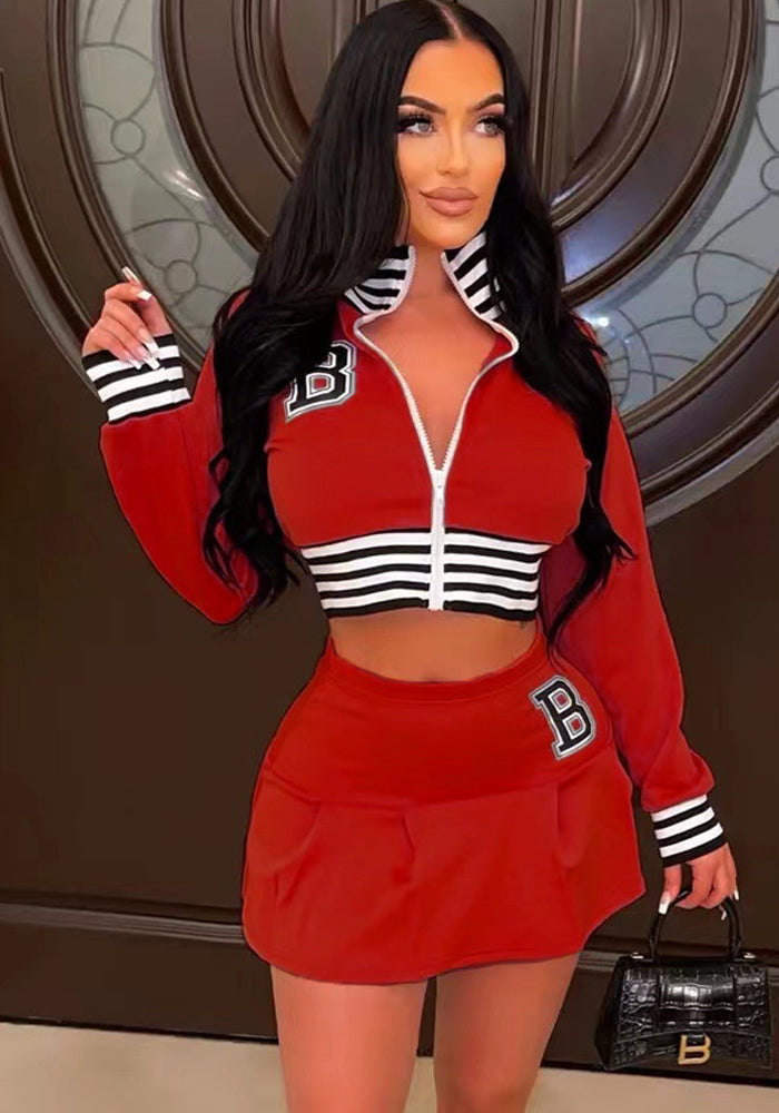 Women Casual Long Sleeve Letter Print Baseball Jacket and Mini Skirt Two-Piece