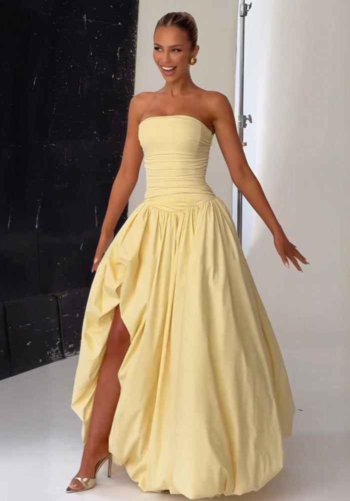 Strapless Solid Color Fashion Slit Maxi Dress for Women