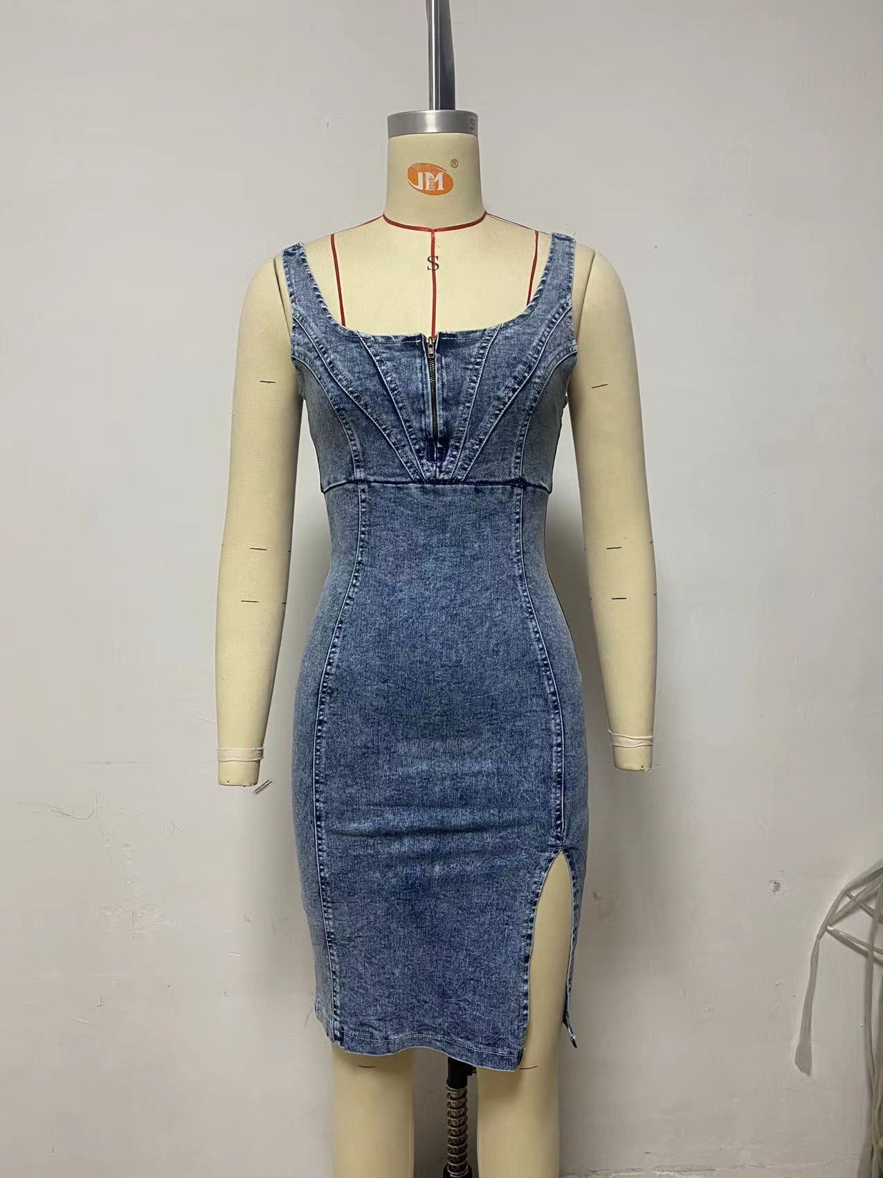 Sexy Slit U Neck Wide Strap Washed Bodycon Denim Dress 6