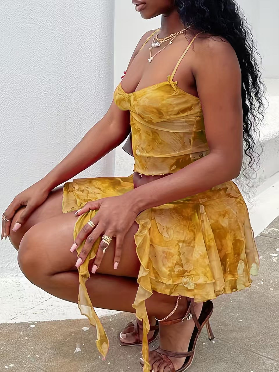 Women Two Mesh Sexy Camisole Top and Irregular Slit Skirt Two-Piece Set 29