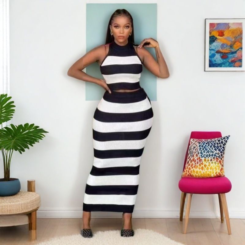 Striped Print Round Neck Sleeveless Top & Tight-Fitting Bodycon Skirt Casual Two-Piece Set 3
