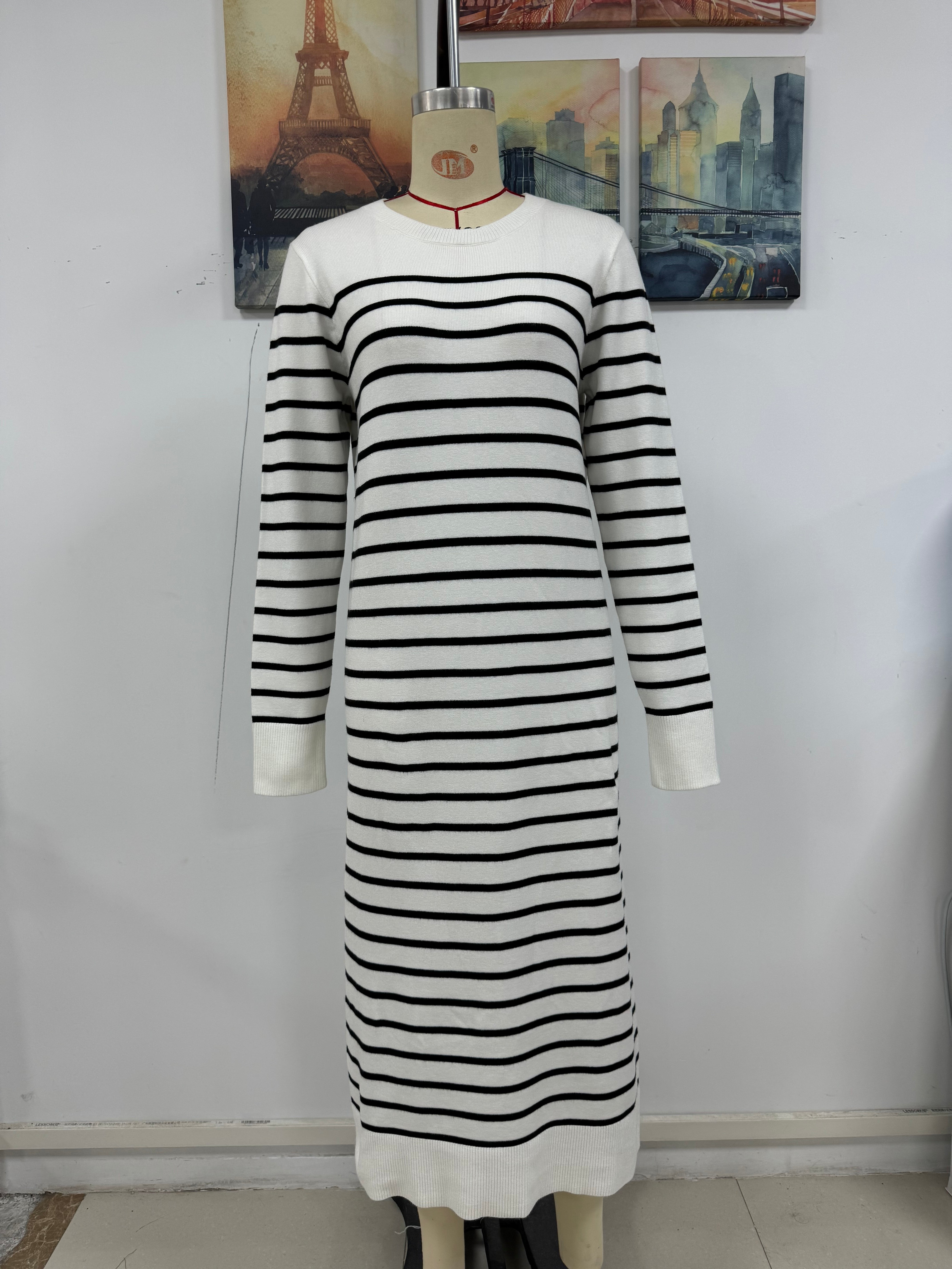 Fashion Autumn Winter Women Knitting Striped Casual Long Dress 13