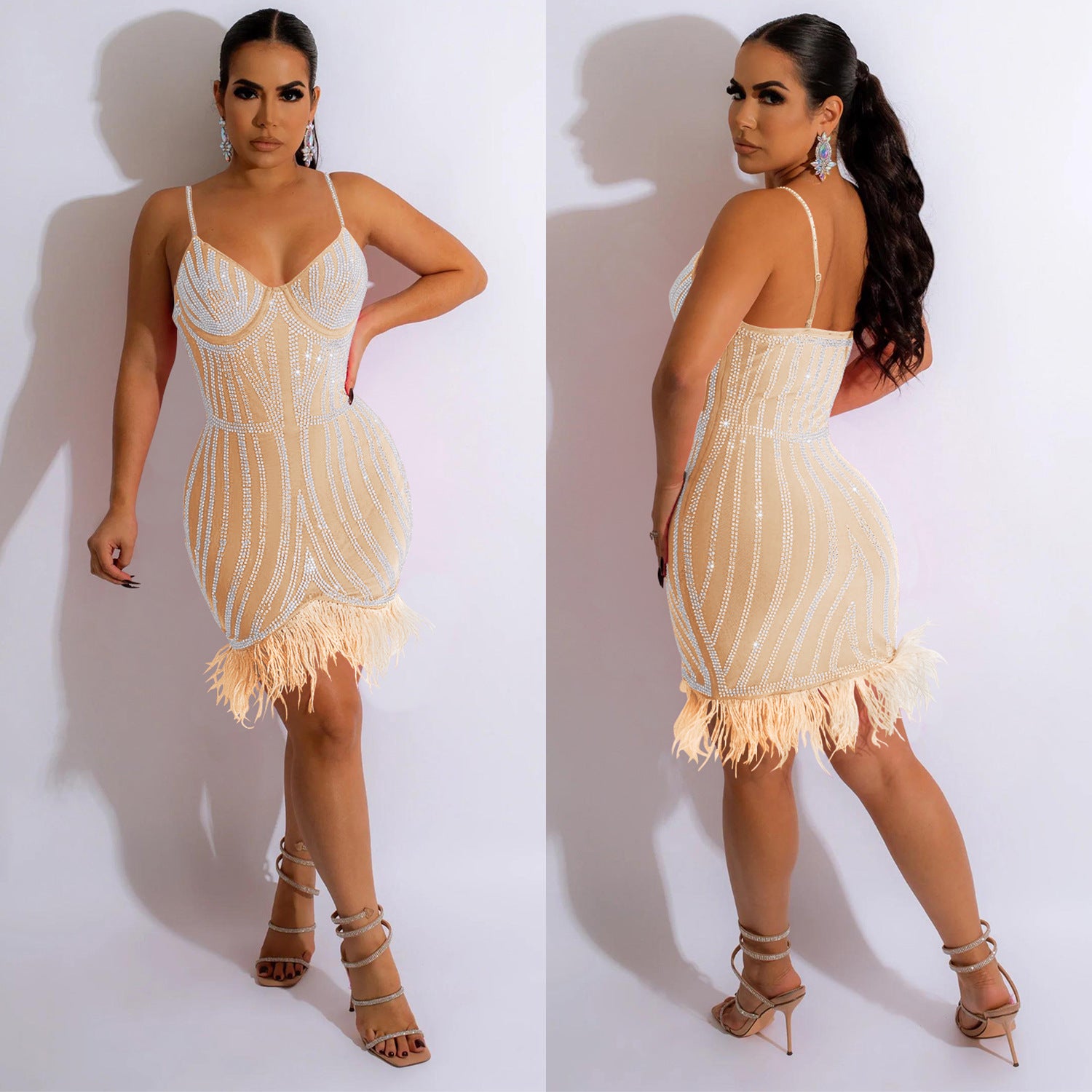 Women's Fashionable Sleeveless Beaded Feather Strap Club Dress 5