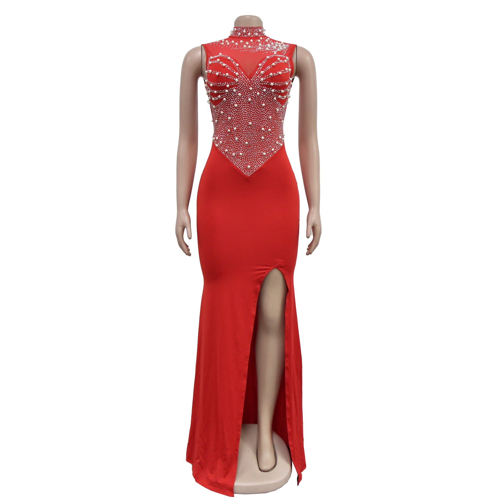 Fashion Women's Solid Color Beaded Mesh Sleeveless Long Dress 27