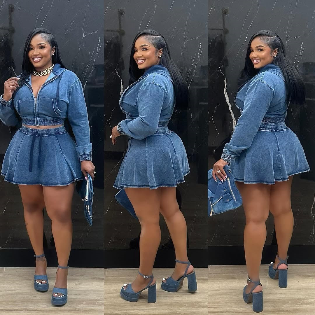 Women Casual Washed Long Sleeve Top and Denim Skirt Two-piece Set 4