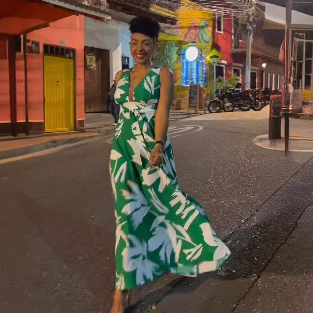 Women Summer Print Lace-Up Maxi Dress 3