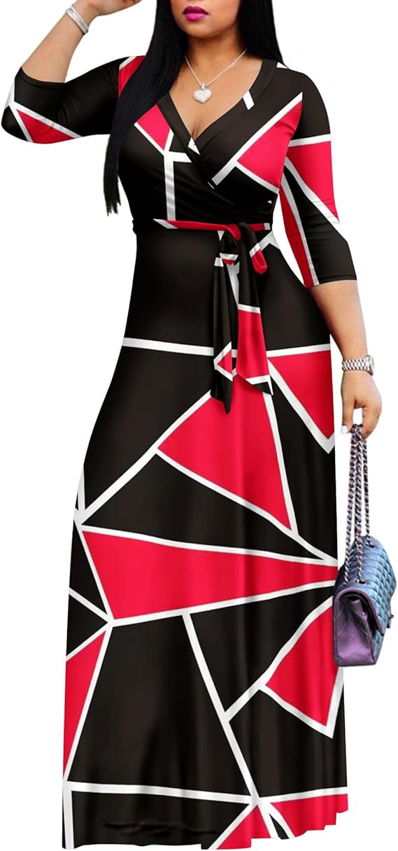 Spring & Autumn Women's Fashion Elegant Wrap V-Neck Half-Sleeve Print Belt Maxi Dress 3